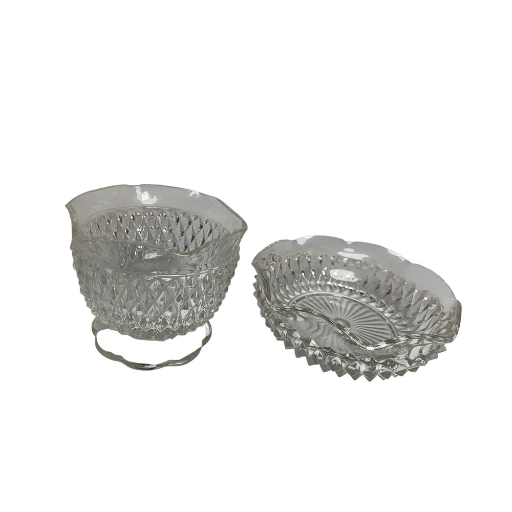 Vintage Diamond Point Clear Pressed Glass Candy Dish and Open Sugar Bowl Set